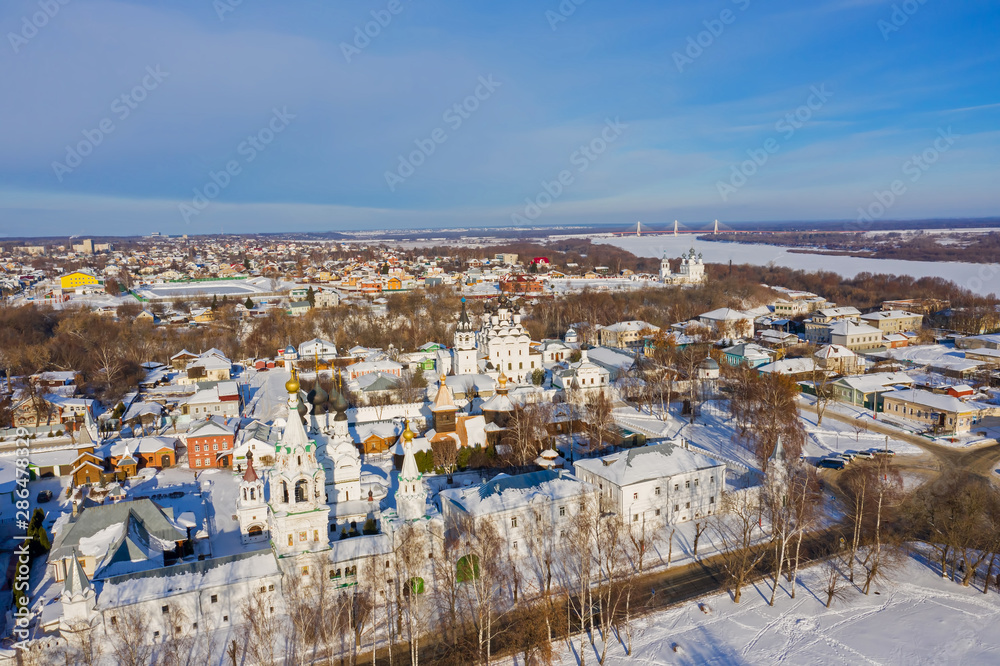 Holy Trinity Monastery and Annunciation Monastery in Murom, Russia. Winter aerial drone view