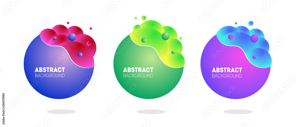 Set of three geometric badges. Trendy gradient banners. Useful for placard, card, poster, logo, social post.