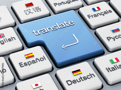 Translate word on enter key in a keyboard with country flags. 3D illustration photo