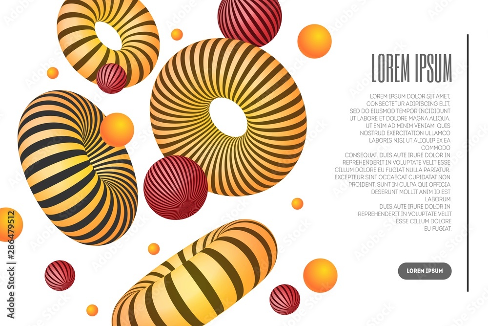 Website or mobile app landing page with illustration of 3d abstract shapes and torus. Minimal geometric background. Website or mobile app landing page with illustration of 3d abstract shapes and torus. Minimal geometric background.