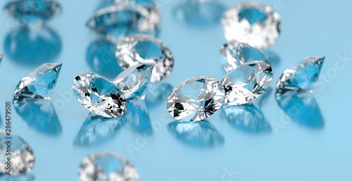 Diamonds group placed on blue background, 3d illustration.