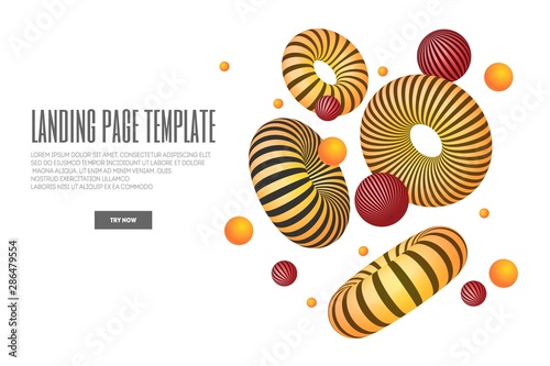 Website or mobile app landing page with illustration of 3d abstract shapes and torus. Minimal geometric background. 