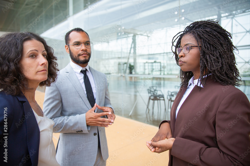 Serious multiracial business team. Confident professional male and female business people standing together and talking. Teamwork concept Serious multiracial business team. Confident professional male and female business people standing together and talking. Teamwork concept