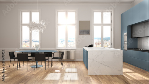 Minimalist blue and black kitchen in classic room with moldings, parquet floor, dining table with chairs, marble island and panoramic windows. Modern architecture interior design