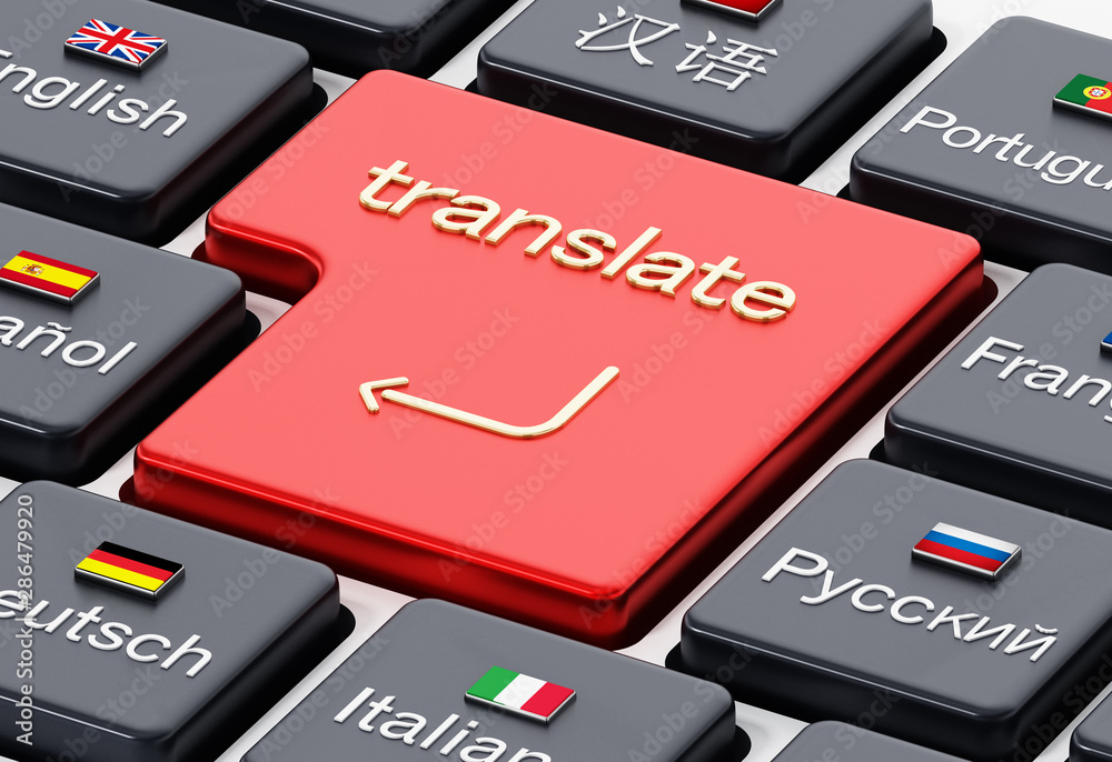 Fototapeta premium Translate word on enter key in a keyboard with country flags. 3D illustration