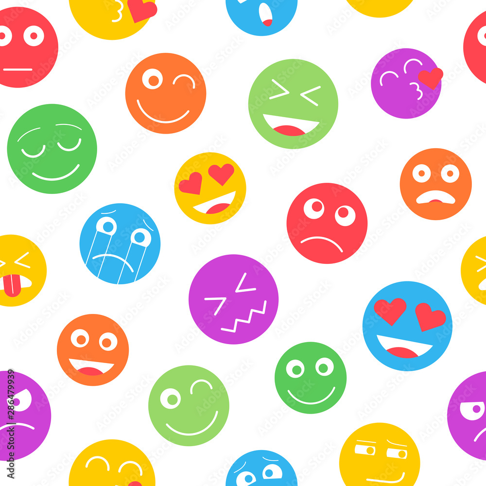 Colorful emoji seamless pattern on white background. Sticker with emoticons isolated on white background. Emoji background white icons in flat style. Vector illustration Colorful emoji seamless pattern on white background. Sticker with emoticons isolated on white background. Emoji background white icons in flat style. Vector illustration