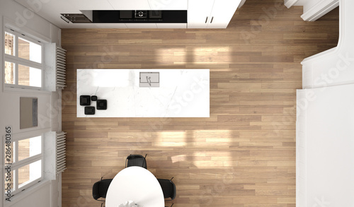 Minimalist white and black kitchen in classic room with molding, parquet floor, dining table, chairs, marble island and panoramic windows. Modern architecture interior design, top view photo