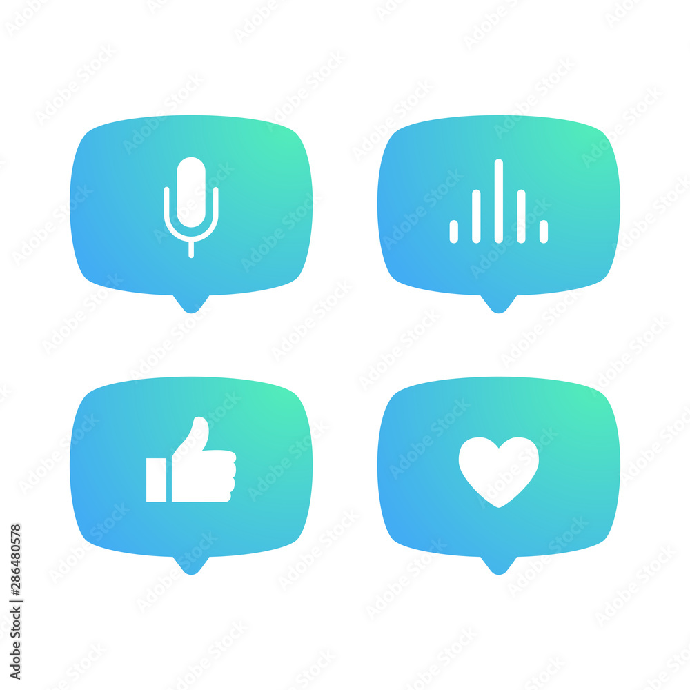 Social media icon. Sound, heart, thumb up and mic bubble illustrations for social networks