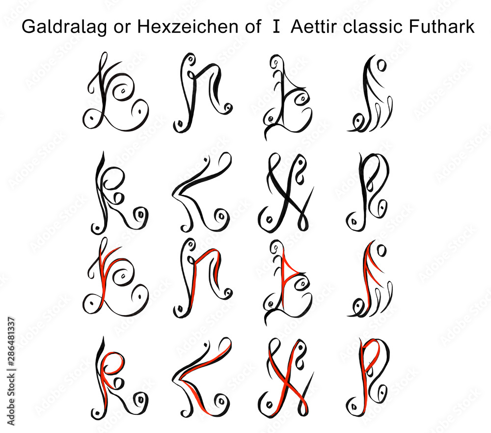 Galdralag styling 1 att, 8 classic runes of the Futhark in two versions ...