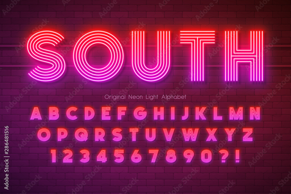 Neon light alphabet, multicolored extra glowing font. Neon light alphabet, multicolored extra glowing font.