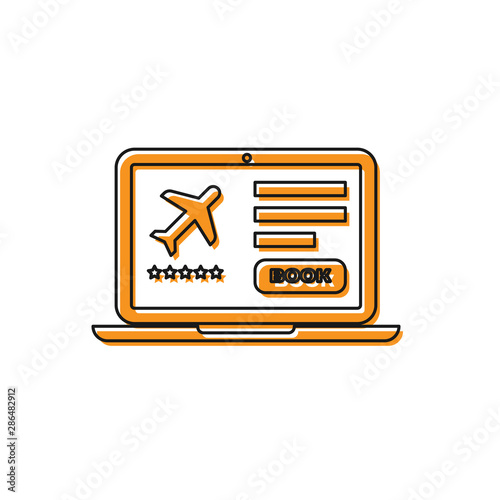 Orange Laptop with electronic boarding pass airline ticket icon isolated on white background. Passenger plane mobile ticket for web and app. Vector Illustration