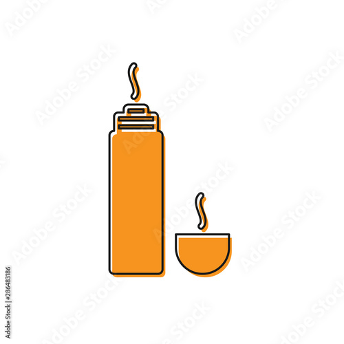 Orange Thermos container icon isolated on white background. Thermo flask icon. Camping and hiking equipment. Vector Illustration