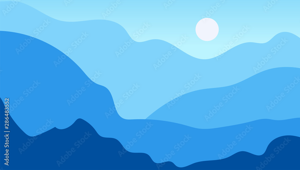 Vector landscape in trendy flat simple style. Nature background with gradient sky, mountains and forest