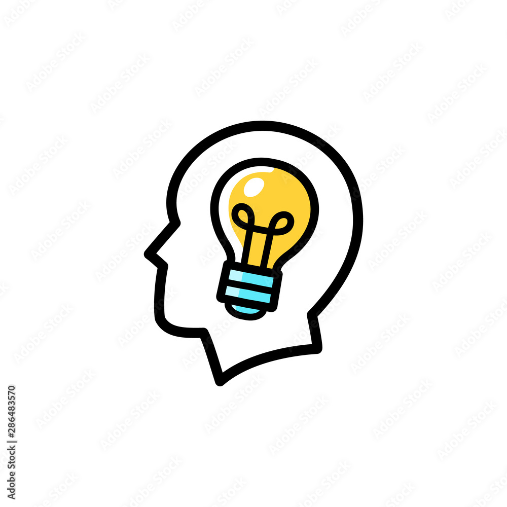 Head with light bulb in it, idea born in the head flat icon symbol, simple creative vector art of an imagination concept. Editable stroke cartoon, isolated Head with light bulb in it, idea born in the head flat icon symbol, simple creative vector art of an imagination concept. Editable stroke cartoon, isolated