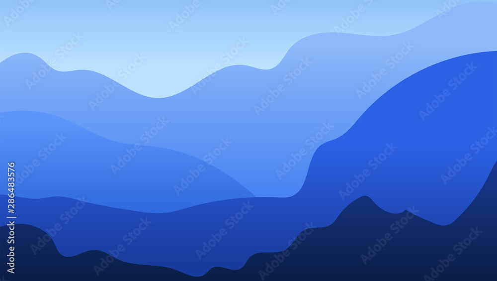 Vector landscape in trendy flat simple style. Nature background with gradient sky, mountains and forest