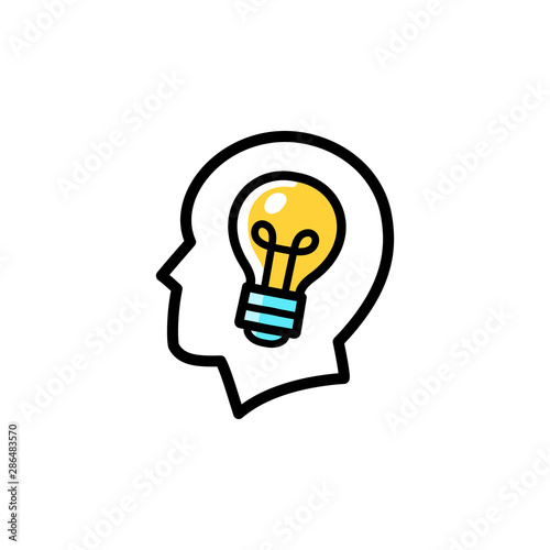 Head with light bulb in it, idea born in the head flat icon symbol, simple creative vector art of an imagination concept. Editable stroke cartoon, isolated