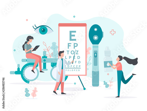 Medical team checks vision. Ophthalmologic standing near eye test chart. The nurse carries eye drops. Ophthalmology concept. Flat vector illustration..