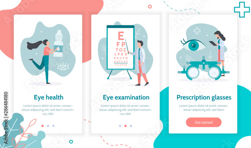 Three steps to eye health. Ophthalmology concept. Onboarding screens template for mobile applications and websites. Flat vector illustration. .