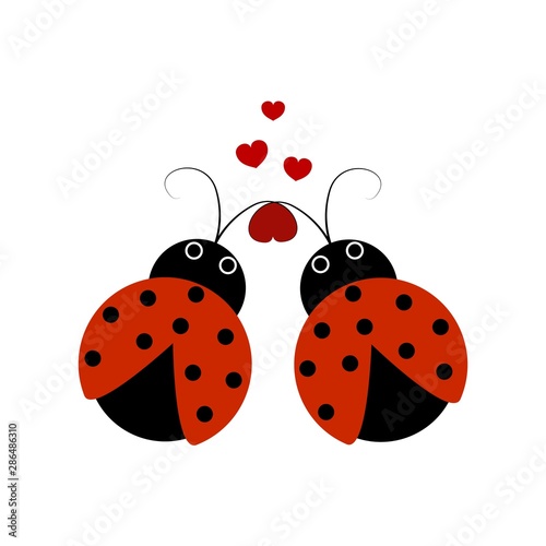 Ladybirds isolated. Illustration two ladybug and heart. Cute colorful sign red insect symbol spring, summer, garden. Template for t shirt, apparel, card, poster. Design element Vector illustration.