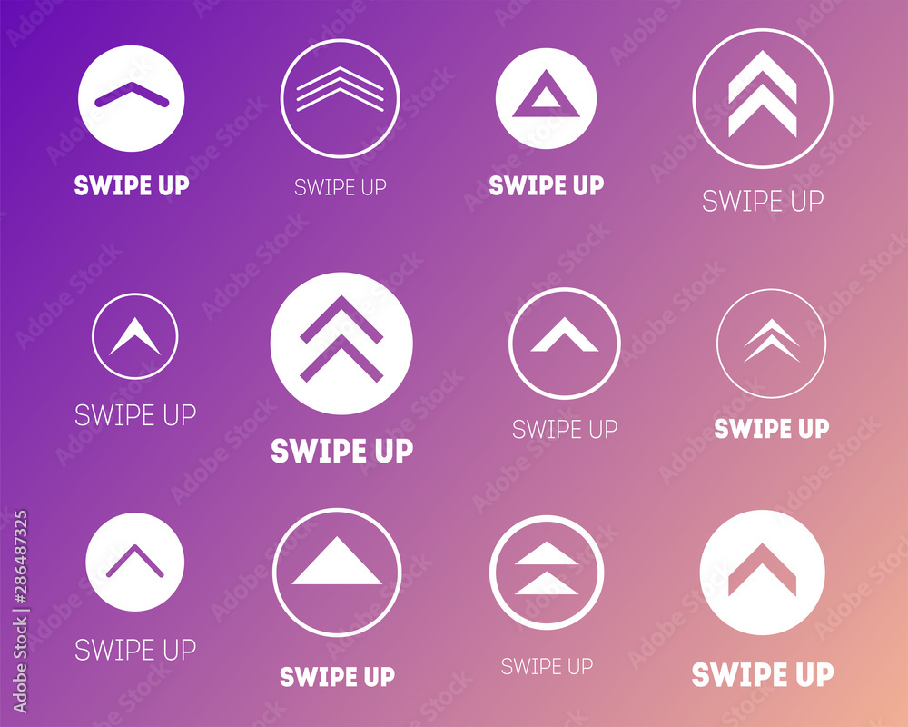 Swipe up icon set isolated on gradient background for stories design, scroll pictogram. Arrow up logo for blogger, application and social network. Swipe up icon set isolated on gradient background for stories design, scroll pictogram. Arrow up logo for blogger, application and social network.