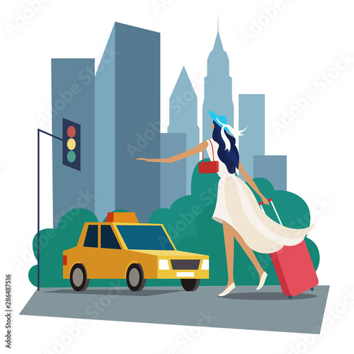 Beautiful girl travel alone concept. Tourism and Vacancies in New York, America. Vector illustration of a traveling young woman