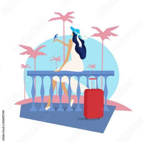 Travel girl with a suitcase on Miami beach. Traveling woman on seafront with pink palms. Detailed vector illustration in flat style