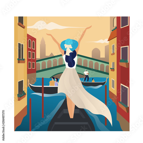 Beautiful girl travel alone concept. Tourism and Vacancies in Venice, Italy. Vector illustration of a traveling young woman