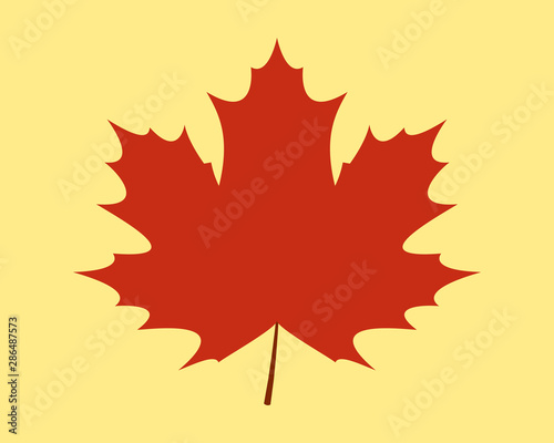 Red maple leaf flat vector icon isolated on yellow background.