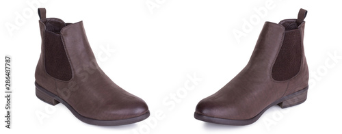 Pair of classical woman leather ankle boots booties shoes. Two isolated.
