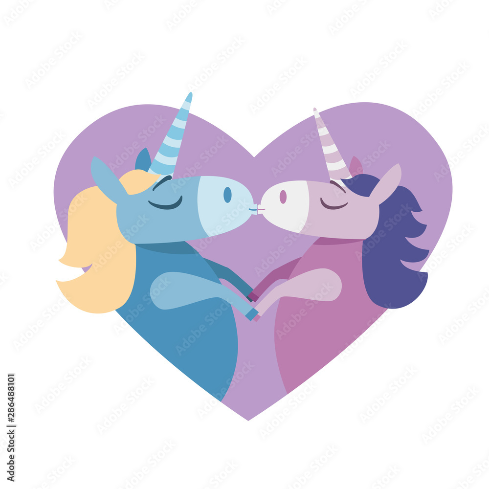 Illustration of love kissing couple of unicorns - Valentines day postcard. Cute fantasy animals in love. Retro colors