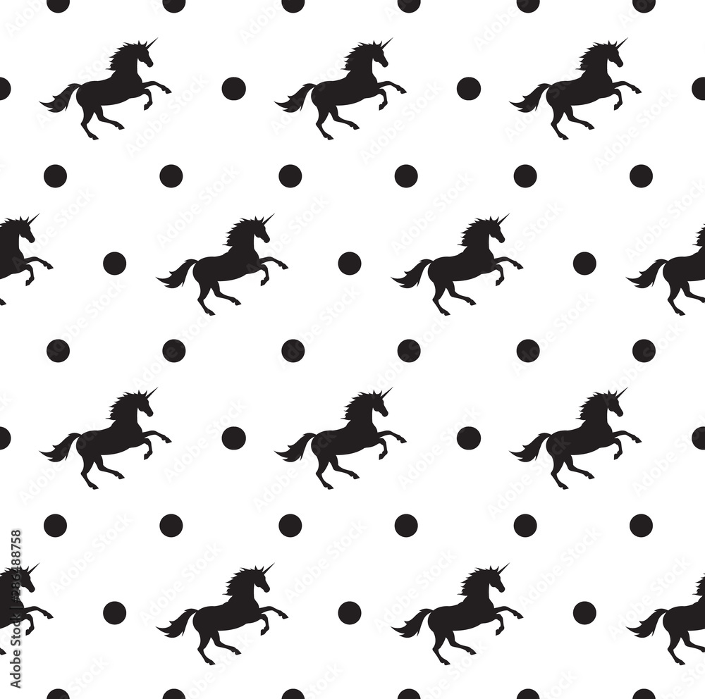Vector seamless pattern of black unicorn silhouette and dots isolated on white background Vector seamless pattern of black unicorn silhouette and dots isolated on white background