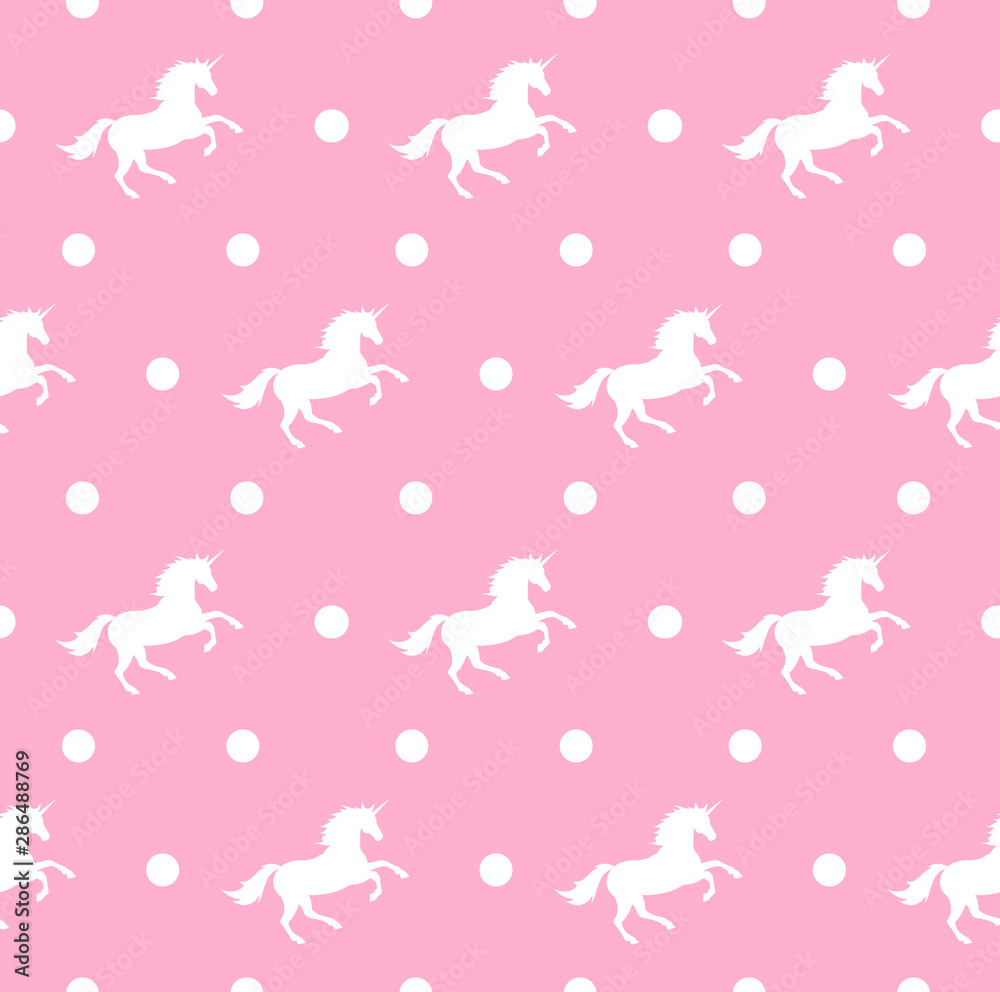 Vector seamless pattern of white unicorn silhouette and dots isolated on pastel pink background