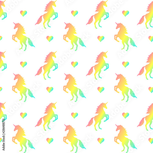 Vector seamless pattern of rainbow unicorn silhouette and hearts isolated on white background