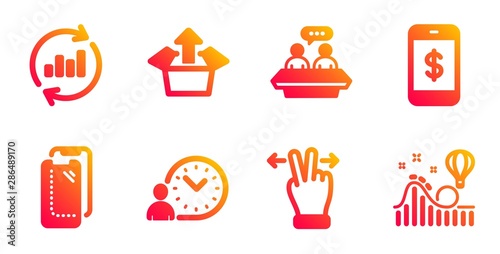 Smartphone payment, Time management and Touchscreen gesture line icons set. Employees talk, Send box and Smartphone glass signs. Update data, Roller coaster symbols. Mobile pay, Work time. Vector