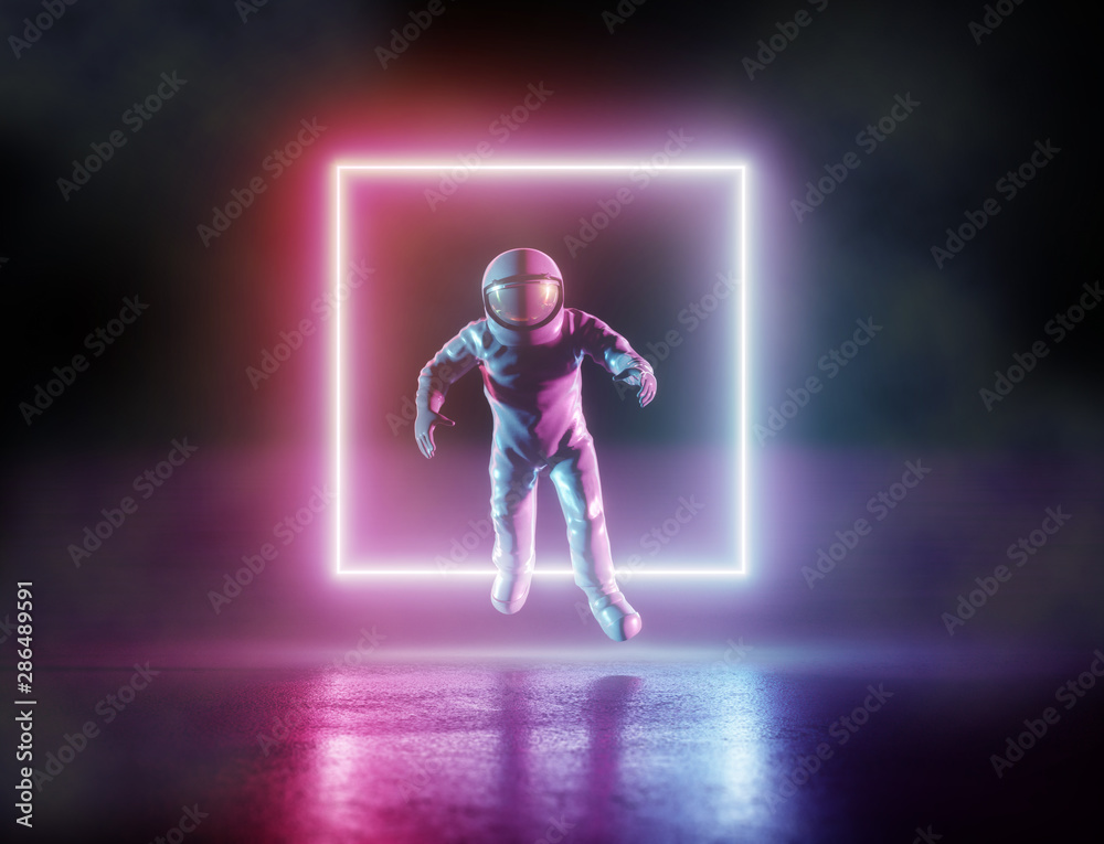 Astronaut neon cyberpunk background concept. 3d rendering.