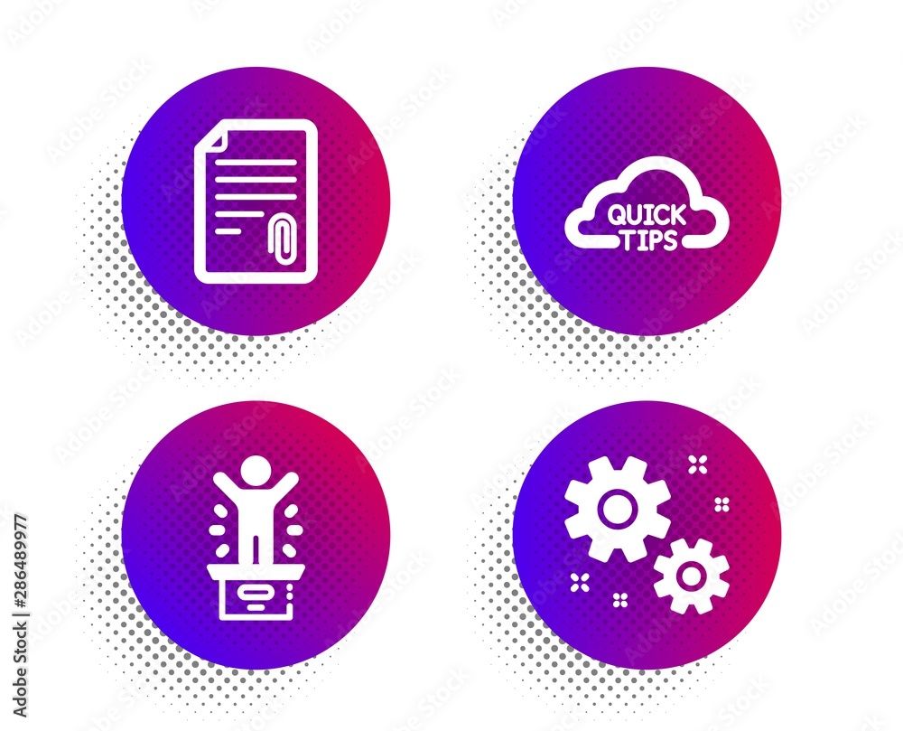 Attachment, Quick tips and Winner podium icons simple set. Halftone dots button. Work sign. Attach file, Helpful tricks, First place. Settings. Education set. Classic flat attachment icon. Vector Attachment, Quick tips and Winner podium icons simple set. Halftone dots button. Work sign. Attach file, Helpful tricks, First place. Settings. Education set. Classic flat attachment icon. Vector