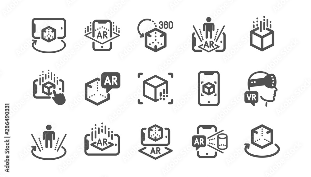 Augmented reality icons. VR simulation, Panorama view, 360 degrees. Virtual reality gaming, augmented, full rotation arrows icons. Classic set. Quality set. Vector