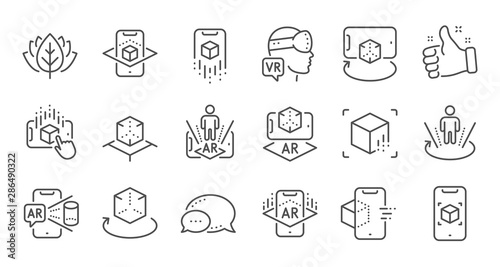 Augmented reality line icons. VR simulation, Panorama view, 360 degrees. Virtual reality gaming, augmented, full rotation arrows icons. Linear set. Quality line set. Vector