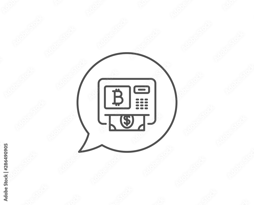 Bitcoin ATM line icon. Chat bubble design. Cryptocurrency cash sign. Dollar money symbol. Outline concept. Thin line bitcoin atm icon. Vector Bitcoin ATM line icon. Chat bubble design. Cryptocurrency cash sign. Dollar money symbol. Outline concept. Thin line bitcoin atm icon. Vector