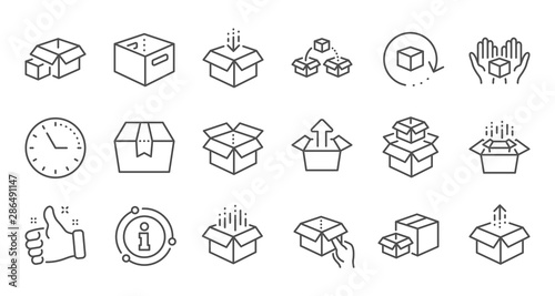 Box line icons. Package, delivery boxes, cargo box. Cargo distribution, export boxes, return parcel icons. Shipment of goods, open package. Linear set. Quality line set. Vector