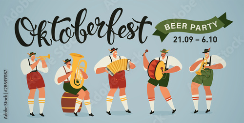 Oktoberfest world biggest beer festival opening parade musicians with historical costumes playing trumpet, accordion and drum, music bands.