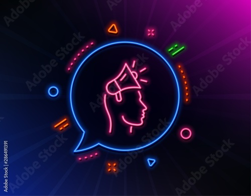 Brand ambassador line icon. Neon laser lights. Megaphone sign. Advertisement device symbol. Glow laser speech bubble. Neon lights chat bubble. Banner badge with brand ambassador icon. Vector