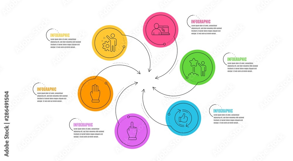 Three fingers, Refresh like and Star line icons set. Infographic timeline. Employee, Online education and Middle finger signs. Click palm, Thumbs up counter, Launch rating. Cogwheel. Vector Three fingers, Refresh like and Star line icons set. Infographic timeline. Employee, Online education and Middle finger signs. Click palm, Thumbs up counter, Launch rating. Cogwheel. Vector