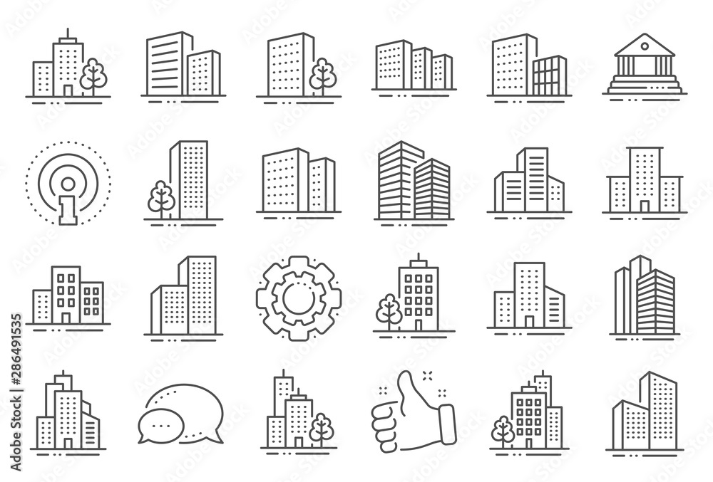 Buildings line icons. Bank, Hotel, Courthouse. City, Real estate, Architecture buildings icons. Hospital, town house, museum. Urban architecture, city skyscraper, downtown. Line signs set. Vector