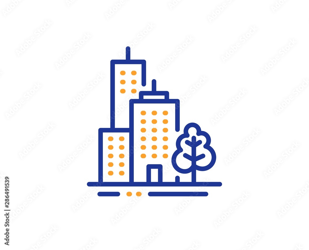 Obraz premium City architecture with tree sign. Skyscraper buildings line icon. Town symbol. Colorful outline concept. Blue and orange thin line skyscraper buildings icon. Vector
