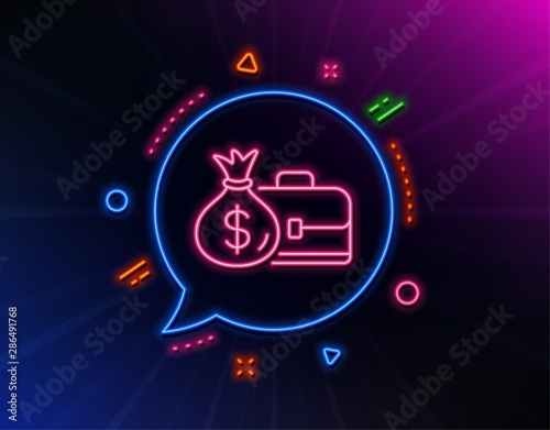 Business case line icon. Neon laser lights. Portfolio and Salary symbol. Diplomat with Money bag sign. Glow laser speech bubble. Neon lights chat bubble. Banner badge with salary icon. Vector