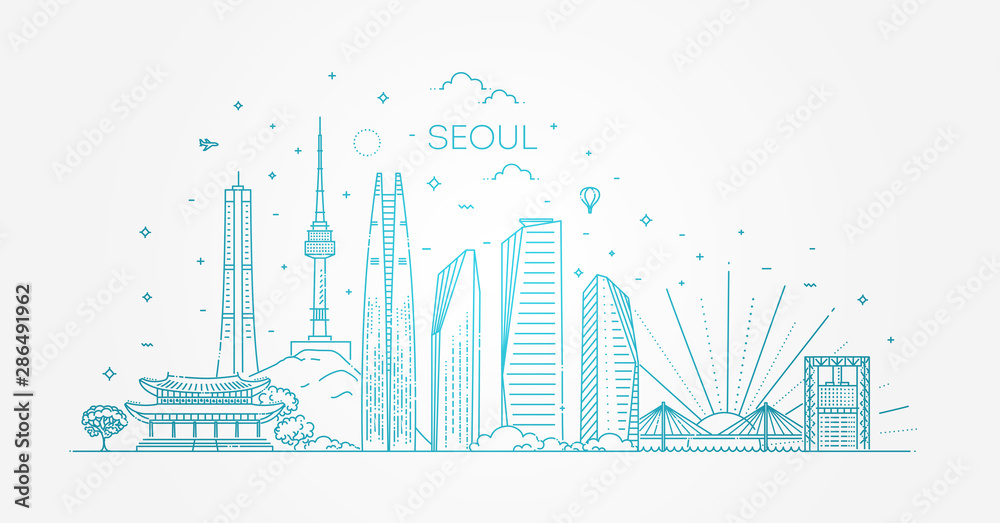 Seoul architecture line skyline. Outline vector illustration