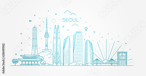 Seoul architecture line skyline. Outline vector illustration