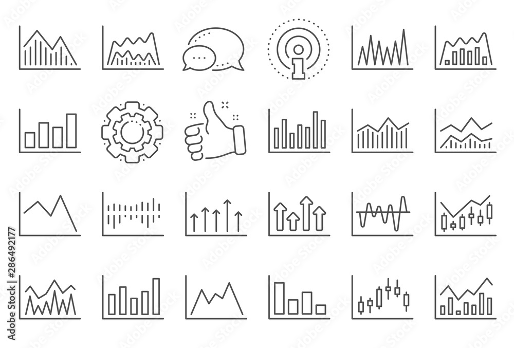 Financial chart line icons. Set of Candle stick graph, Report diagram and Infochart icons. Growth, Trade and Investment chart. Stock exchange, Candlestick and financial diagram graph. Vector