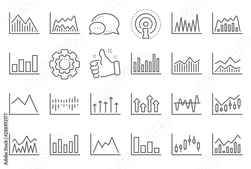 Financial chart line icons. Set of Candle stick graph, Report diagram and Infochart icons. Growth, Trade and Investment chart. Stock exchange, Candlestick and financial diagram graph. Vector